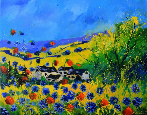 Red and blue poppies -2023 van Pol Ledent, Schilderij te koop op Singulart