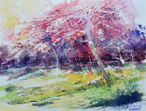 Pink spring- watercolor van Pol Ledent, Werk op papier te koop op Singulart