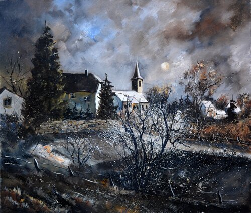 Winter moonshine on my village van Pol Ledent, Schilderij te koop op Singulart