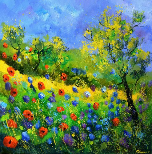 Red and blue poppies - 7723 by Pol Ledent, 회화 for Sale on Singulart