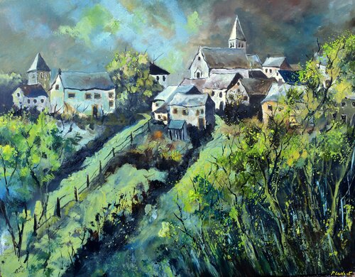 A village in my countryside - Finnevaux di Pol Ledent, Pittura in vendita su Singulart