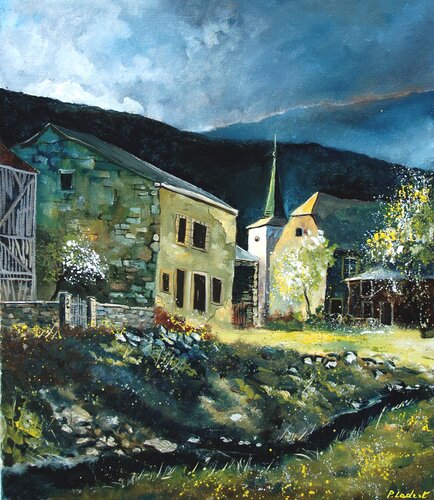 Sunlight on my village van Pol Ledent, Schilderij te koop op Singulart