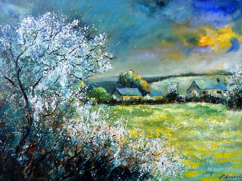 White thorns in my countryside di Pol Ledent, Pittura in vendita su Singulart