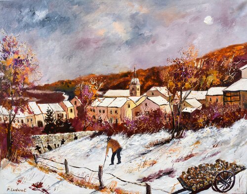Snow in an old village with an old man going to the graveyard Pol Ledent