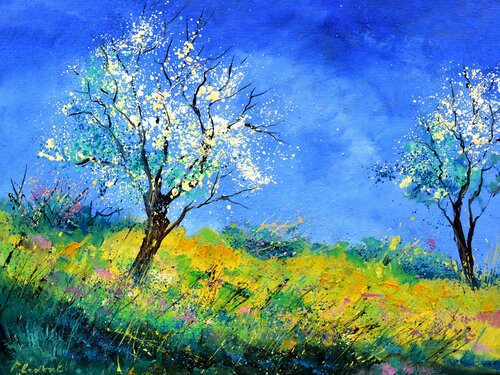 A meadow in my countrysideTwo blooming trees in spring  - 8624 von Pol Ledent, Malerei kaufen auf Singulart