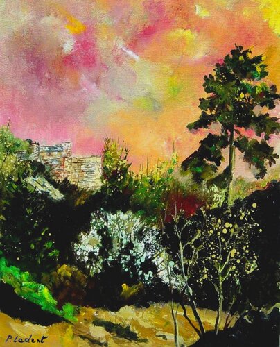 Sunset  with a blooming hawthorn van Pol Ledent, Schilderij te koop op Singulart