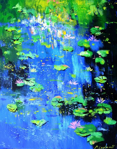 Waterlilies on a blue pond von Pol Ledent, Malerei kaufen auf Singulart