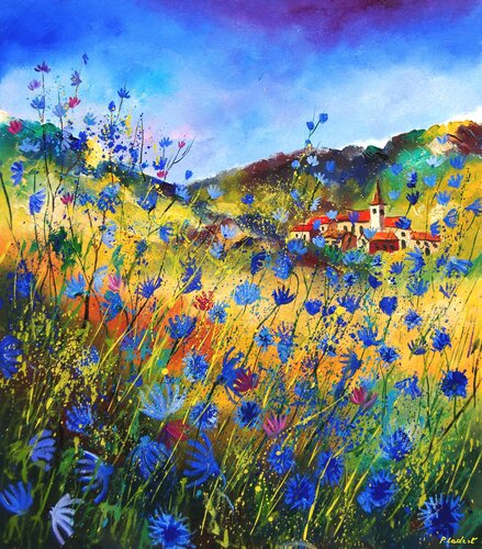 Village nestled in blue cornflowers di Pol Ledent, Pittura in vendita su Singulart