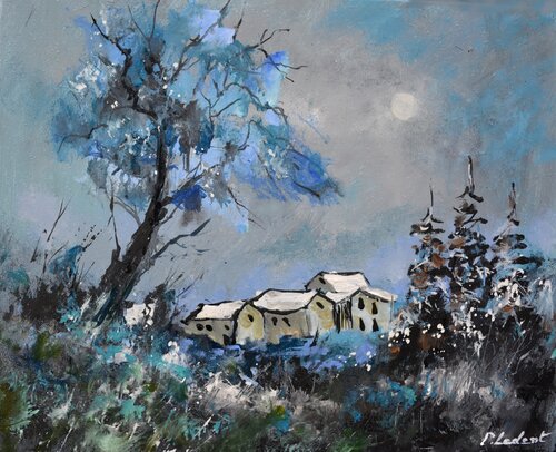 Cosy houses in winter de Pol Ledent, Pintura a la venta en Singulart
