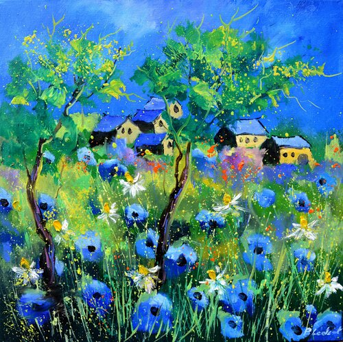 A few cottages in a colourful meadow van Pol Ledent, Schilderij te koop op Singulart
