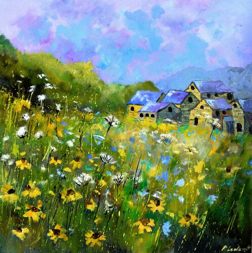 Old houses in a meadow by Pol Ledent, 회화 for Sale on Singulart