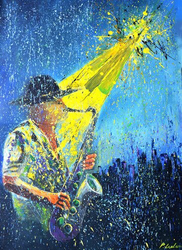 Playing sax in the rain von Pol Ledent, Malerei kaufen auf Singulart