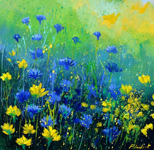 Blue and yellow wild flowers van Pol Ledent, Schilderij te koop op Singulart