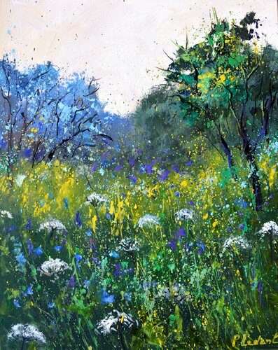 White and blue wild flowers di Pol Ledent, Pittura in vendita su Singulart
