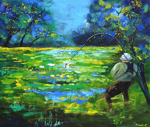Catching a trout 7626 van Pol Ledent, Schilderij te koop op Singulart