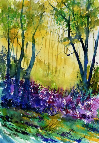 Printemps au bois- aquarelle 517010 van Pol Ledent, Werk op papier te koop op Singulart