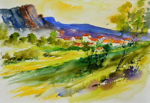Au pied de la colline  - aquarelle 54516052 von Pol Ledent, Werk auf Papier kaufen auf Singulart