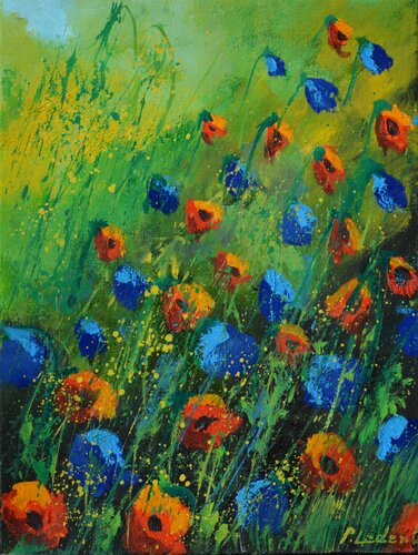 Red and blue poppies di Pol Ledent, Pittura in vendita su Singulart