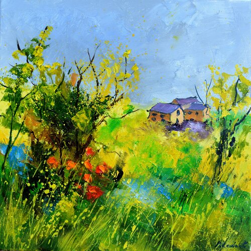 Three houses in spring - 4420 di Pol Ledent, Pittura in vendita su Singulart