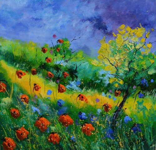 Red and blue poppies in summer 2020 di Pol Ledent, Pittura in vendita su Singulart