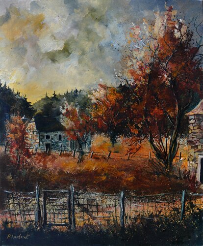 Old house in an autumnal landscape van Pol Ledent, Schilderij te koop op Singulart