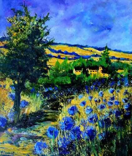 Village et bleuets - 672020 van Pol Ledent, Schilderij te koop op Singulart