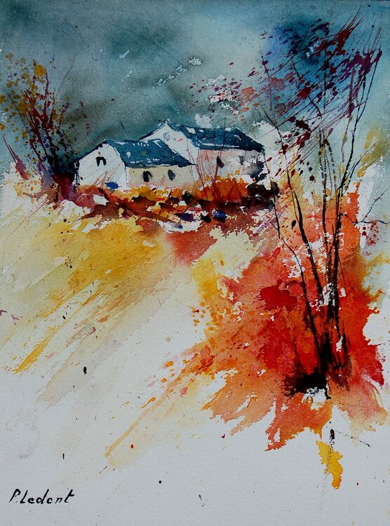 Two houses in autumn  -watercolor 902151 Pol Ledent