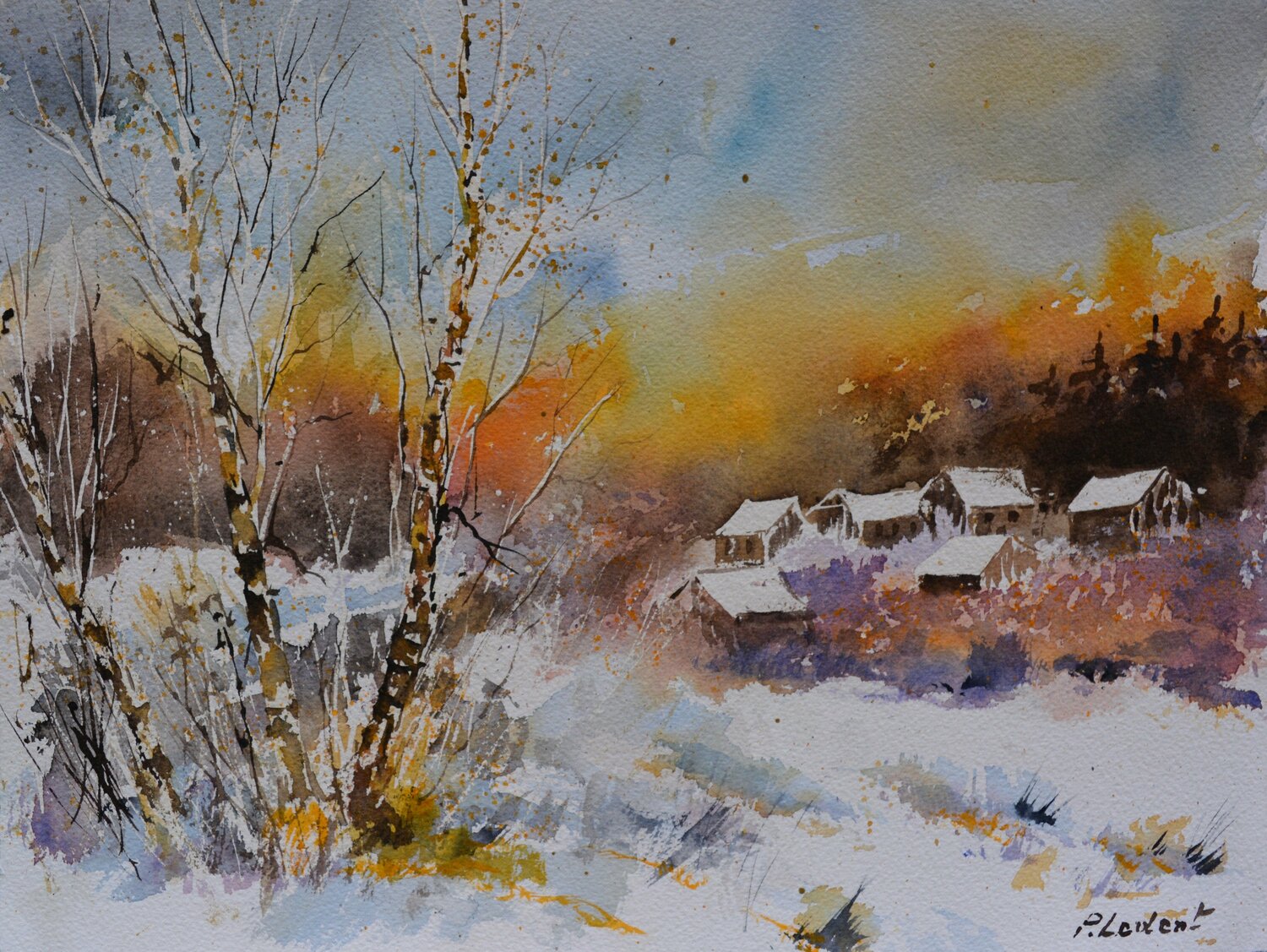 A few houses in winter - watercolor 2021 Pol Ledent Werk auf Papier zu verkaufen