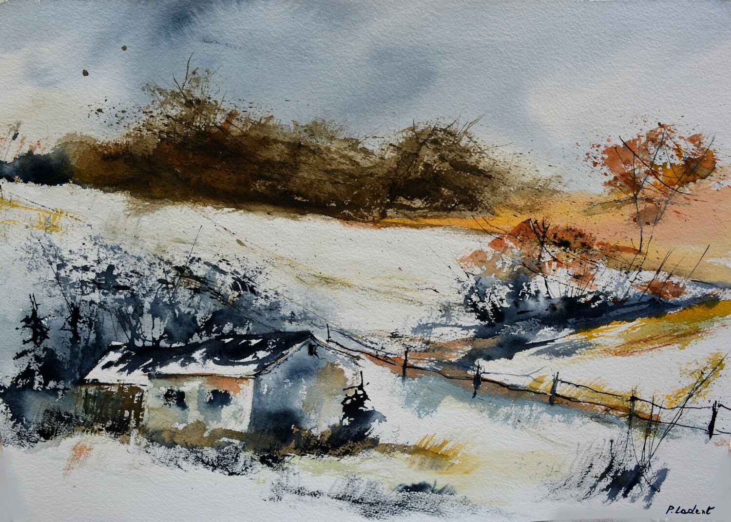 A few houses in winter- aquarelle Pol Ledent