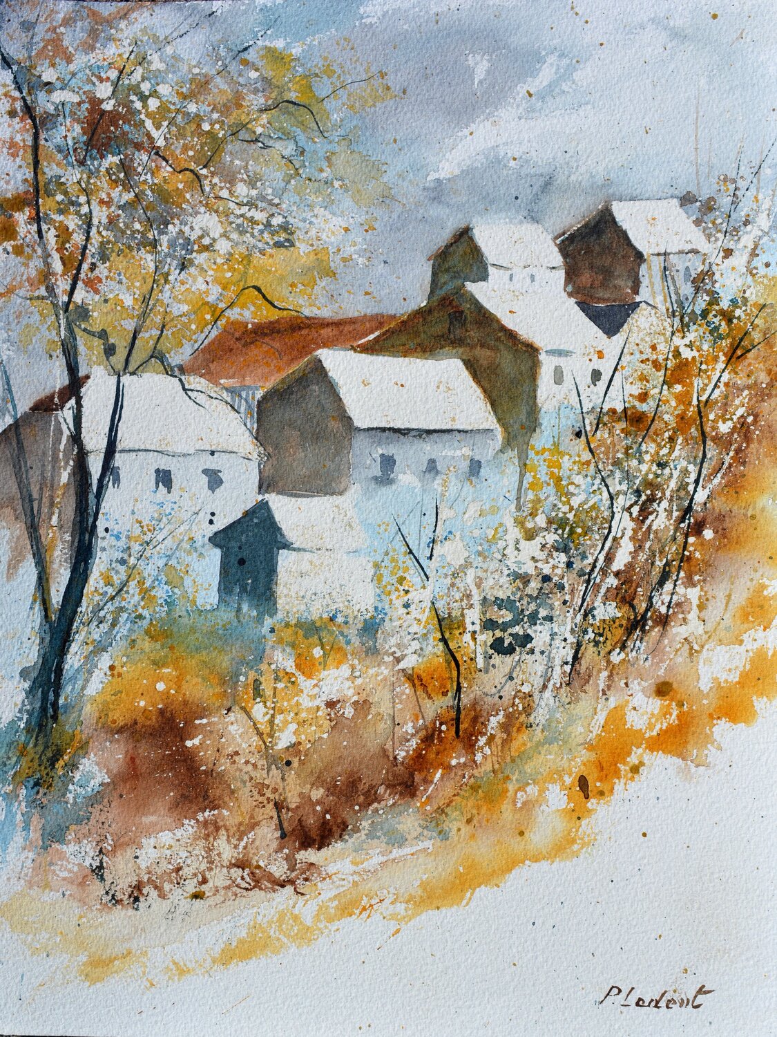 Village in Autumn - watercolor Pol Ledent Opera su carta in vendita