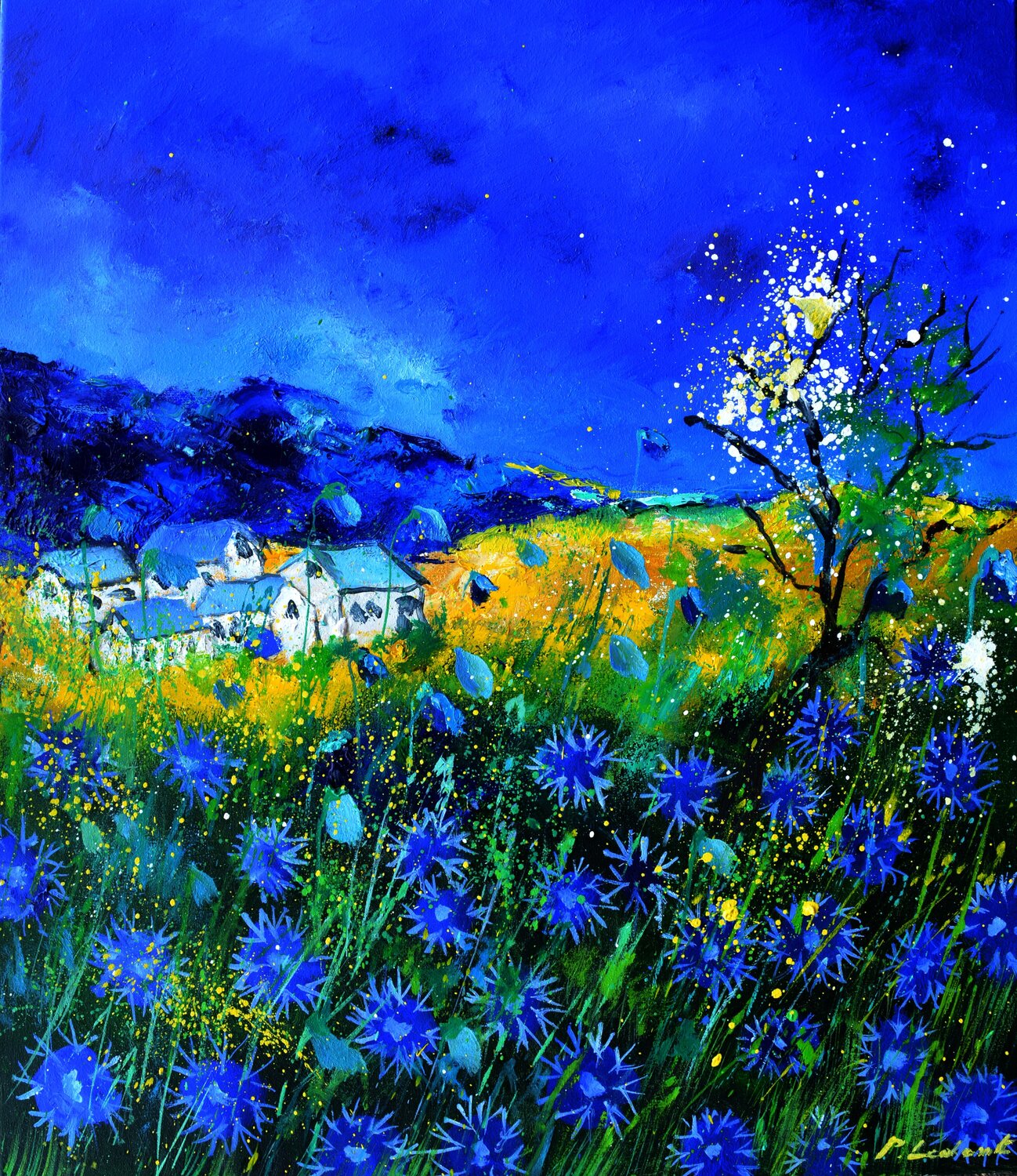 Blue cornflowers and blooming trees Pol Ledent