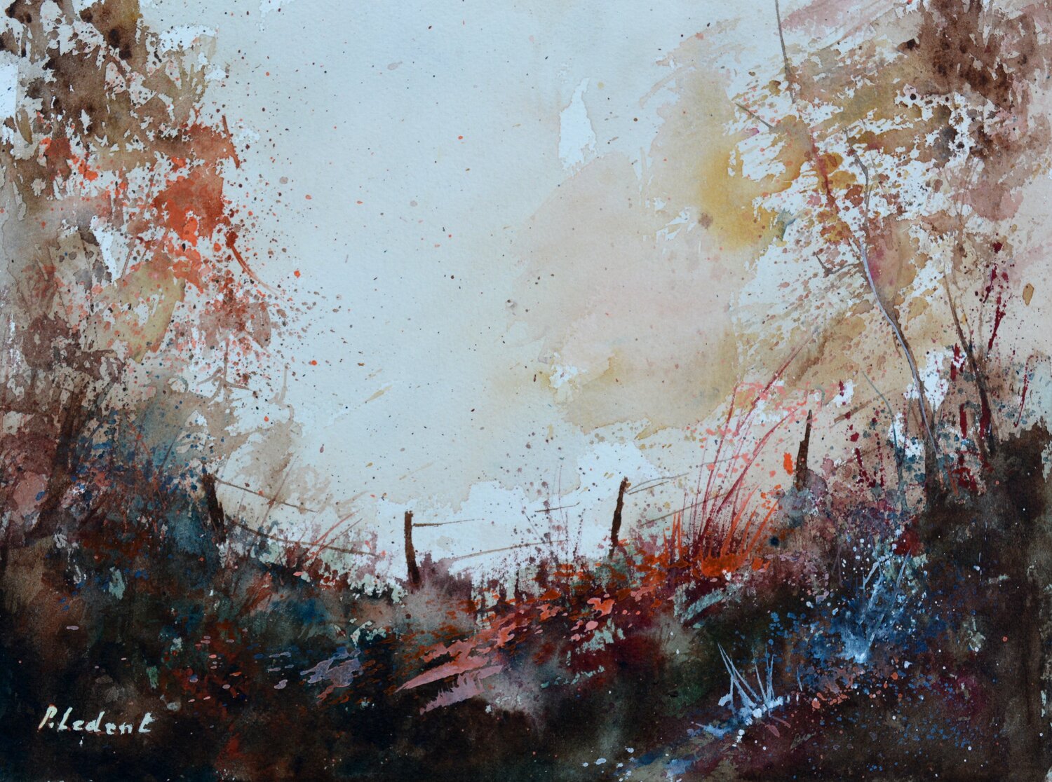 Sunrise in the wood    -watercolor Pol Ledent Opera su carta in vendita