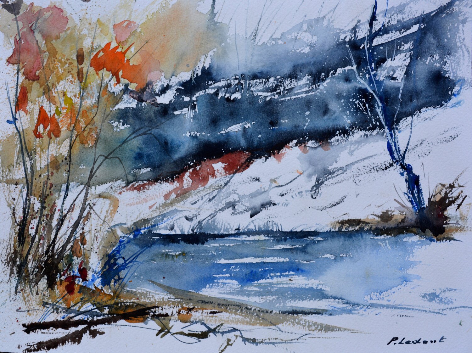 River in winter     -watercolor 22 Pol Ledent