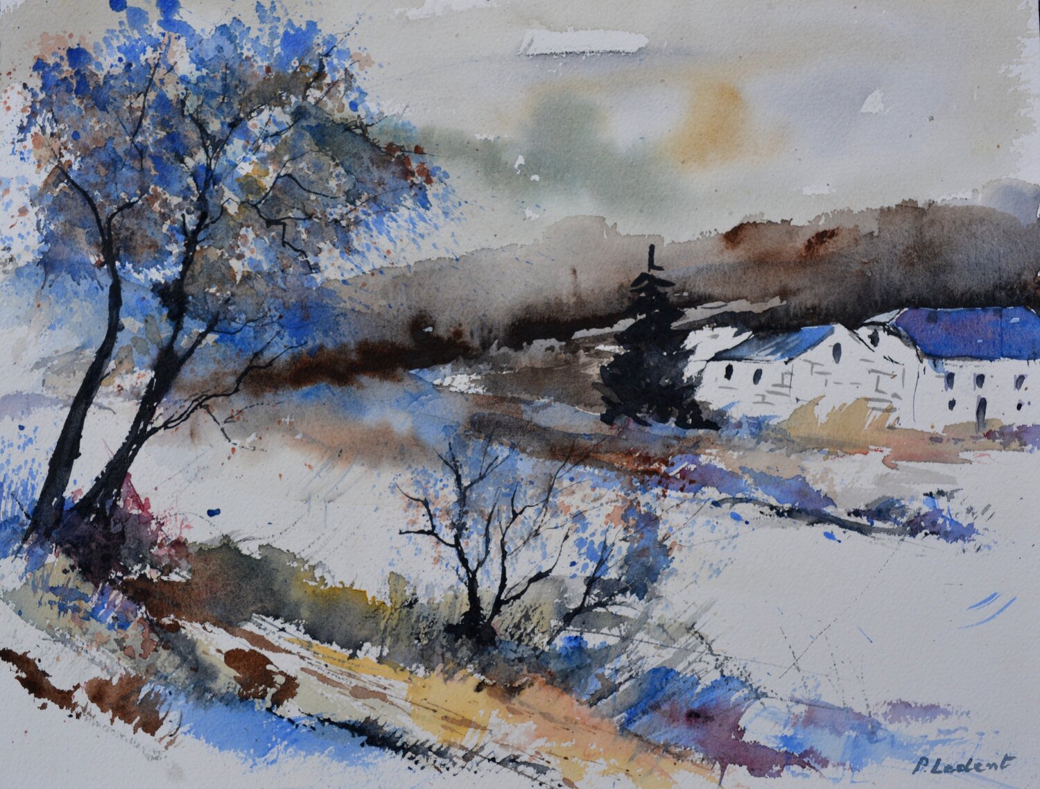 Snowy landscape    -watercolor Pol Ledent