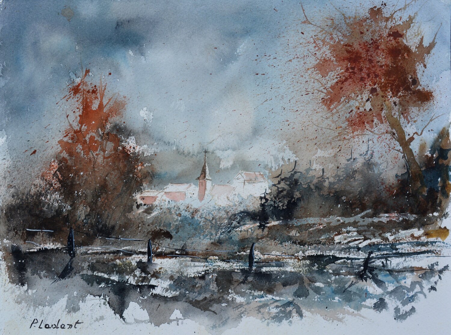 A village  in winter -watercolor Pol Ledent Werk auf Papier zu verkaufen