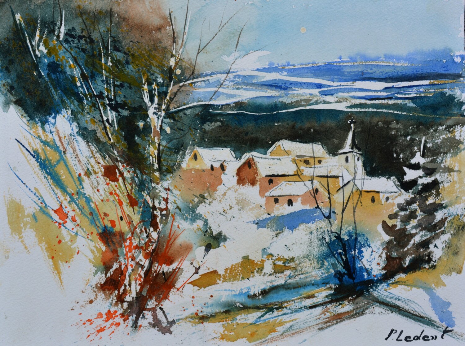 Village in winter      -watercolor Pol Ledent