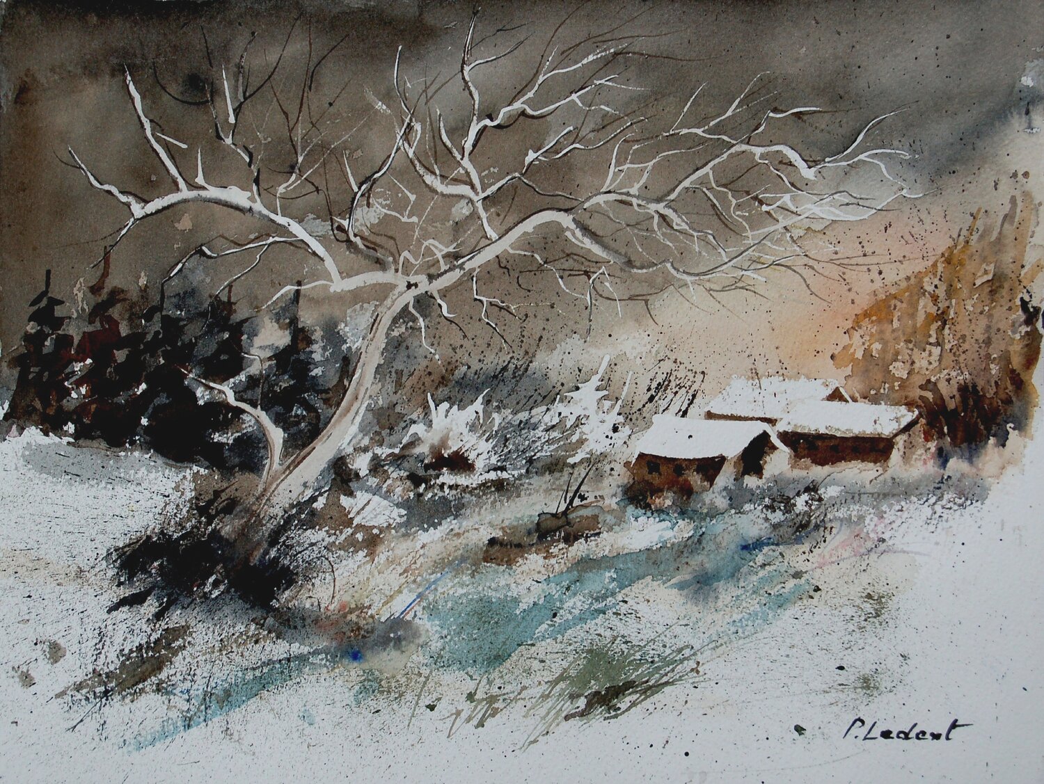 Moonshine   and houses   -watercolor Pol Ledent Werk auf Papier zu verkaufen