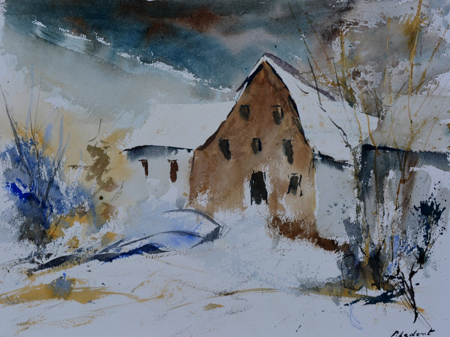 An old farm in winter    -watercolor Pol Ledent