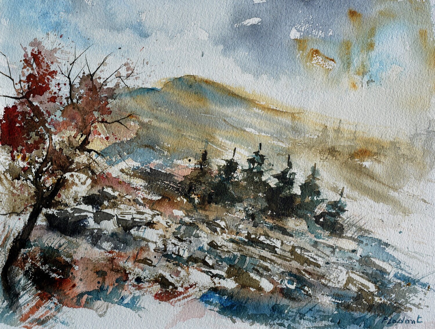 Hills in my countryside   -watercolor Pol Ledent Werk auf Papier zu verkaufen