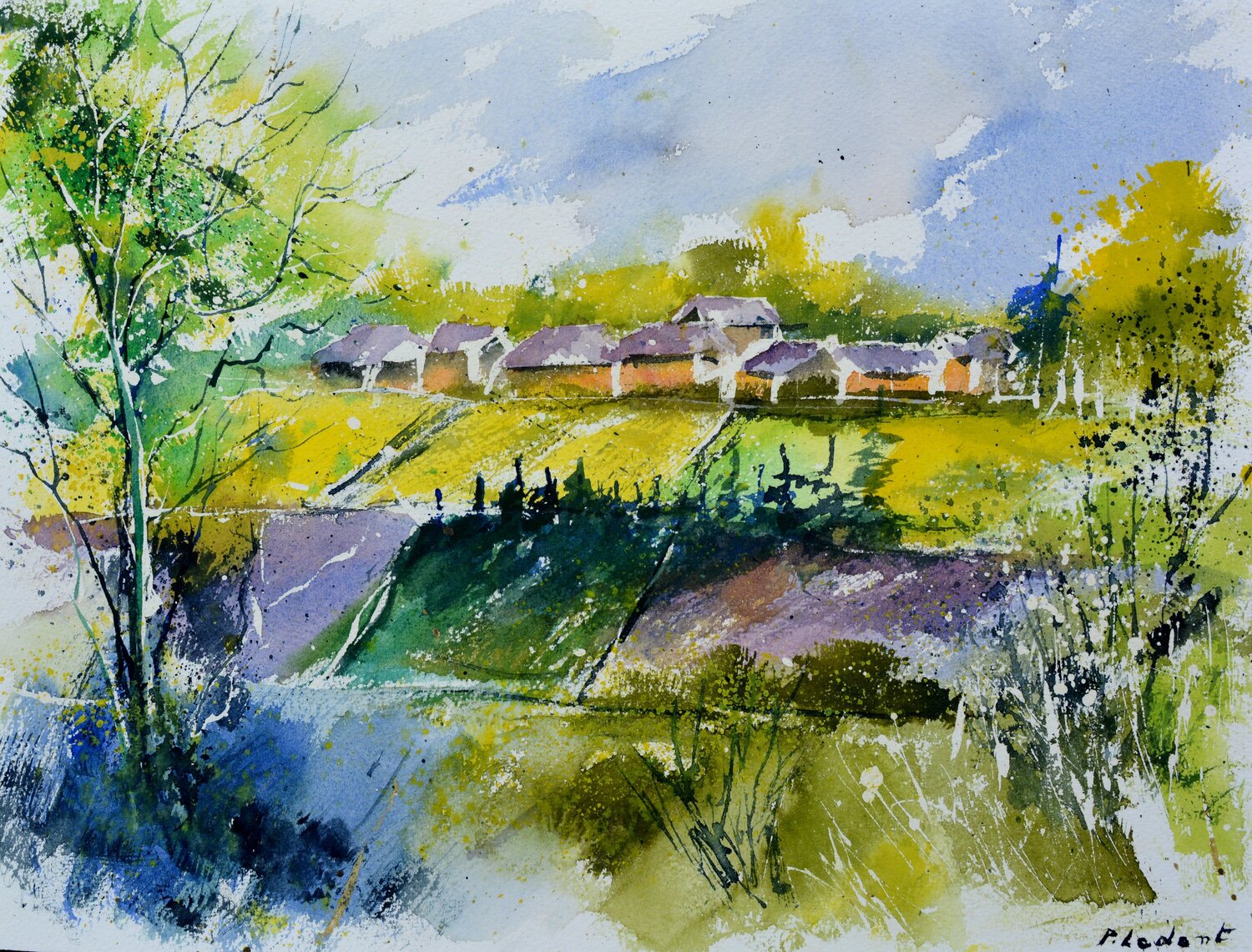 Summer in the countryside     -watercolor - Pol Ledent Werk auf Papier zu verkaufen