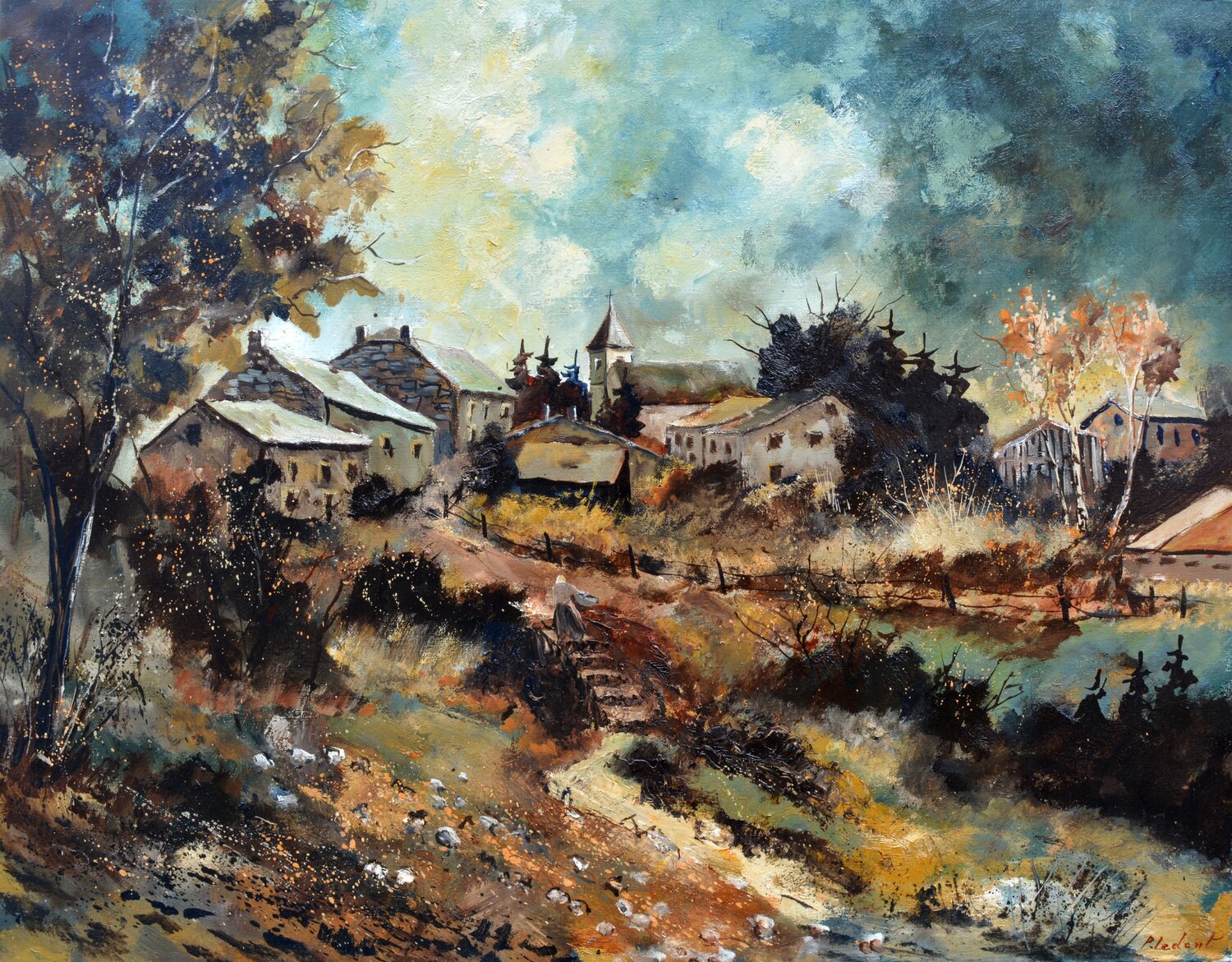 Very  Old village  - Houdremont  Belgium Pol Ledent Originalgemälde zu verkaufen