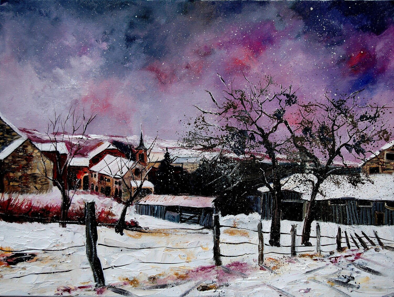 Snowy landscape 86 - Hulsonniaux Pol Ledent Originalgemälde zu verkaufen