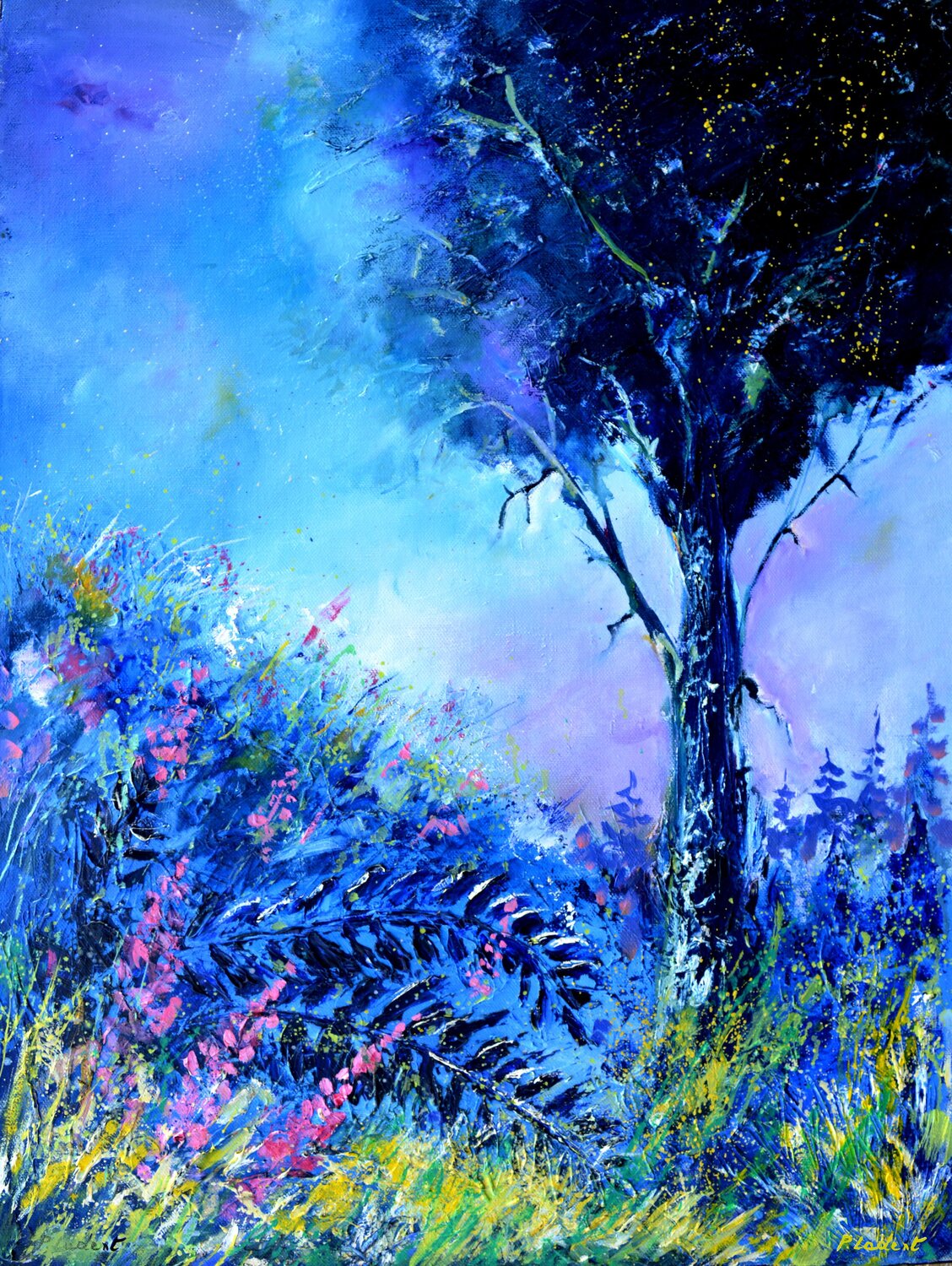 Blue misty morning in my garden Pol Ledent Originalgemälde zu verkaufen