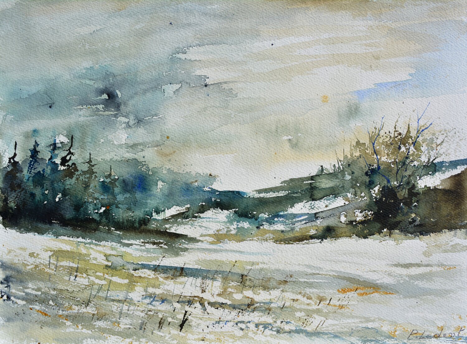 November in my countryside -  watercolor Pol Ledent Werk auf Papier zu verkaufen