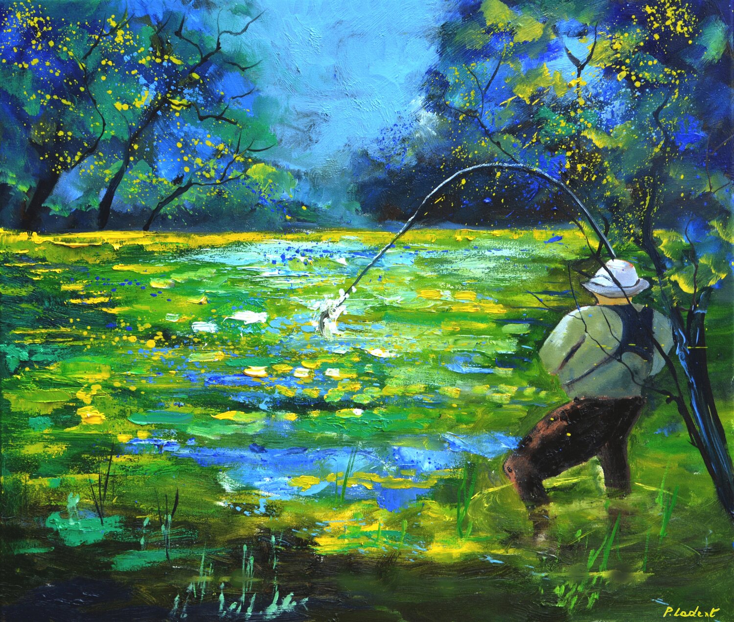 Catching a trout 7626 Pol Ledent Origineel schilderij te koop