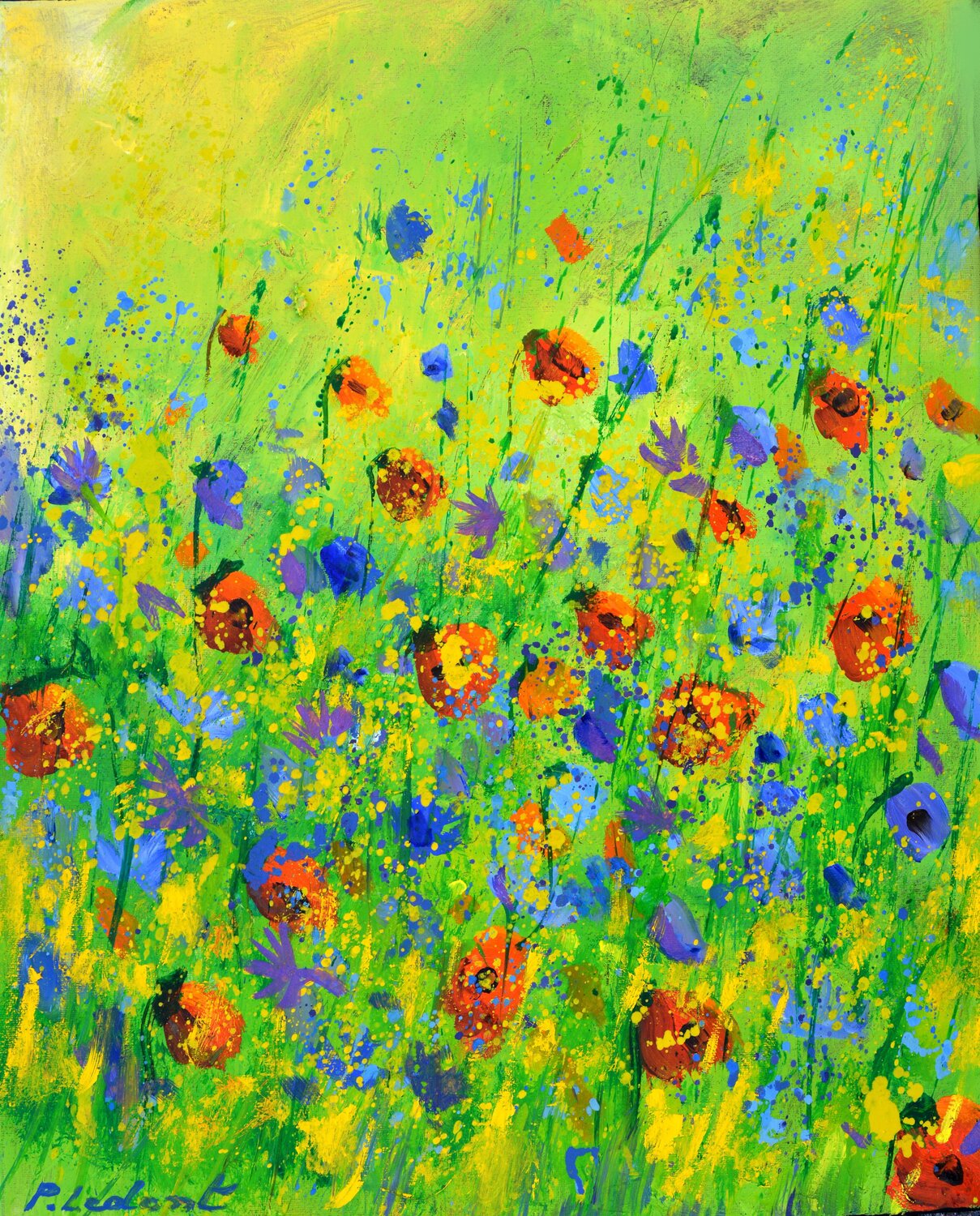 Red poppies and blue cornflowers Pol Ledent Original painting for sale