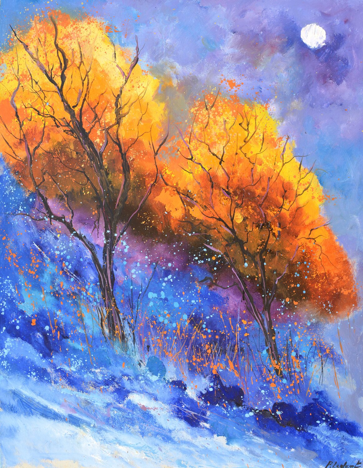 Two trees at moonshine 9726 Pol Ledent Originalgemälde zu verkaufen