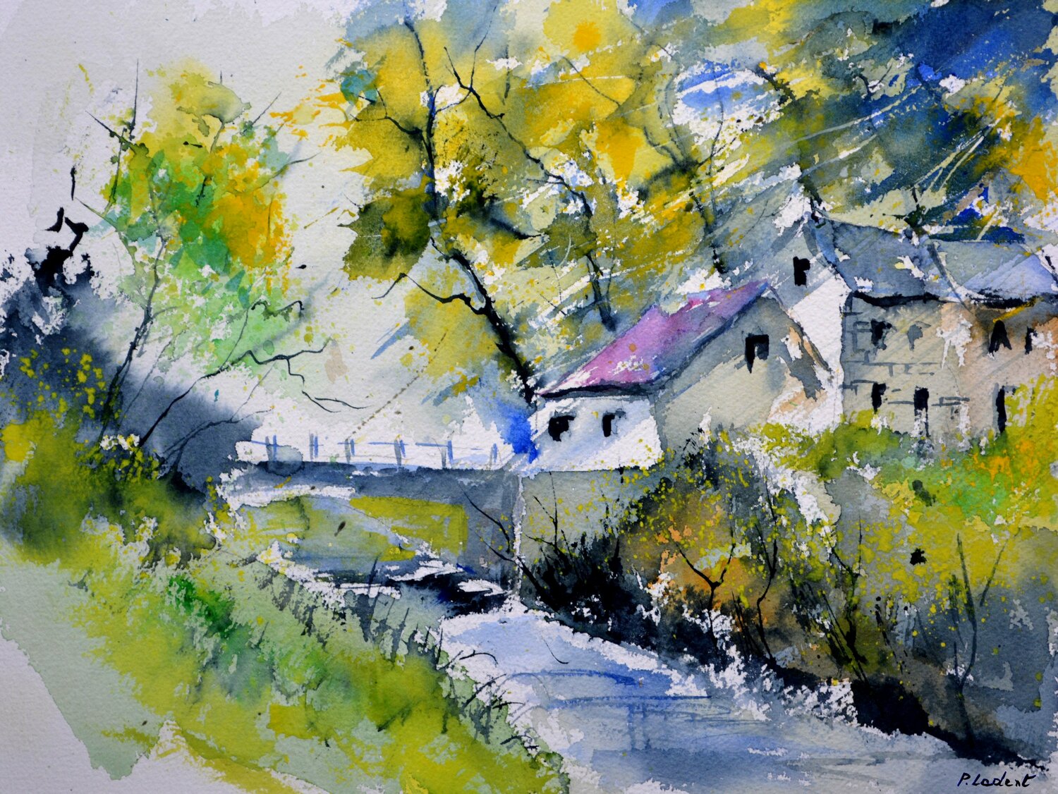 Printemps et rivière - aquarelle 612061 Pol Ledent Werk auf Papier zu verkaufen