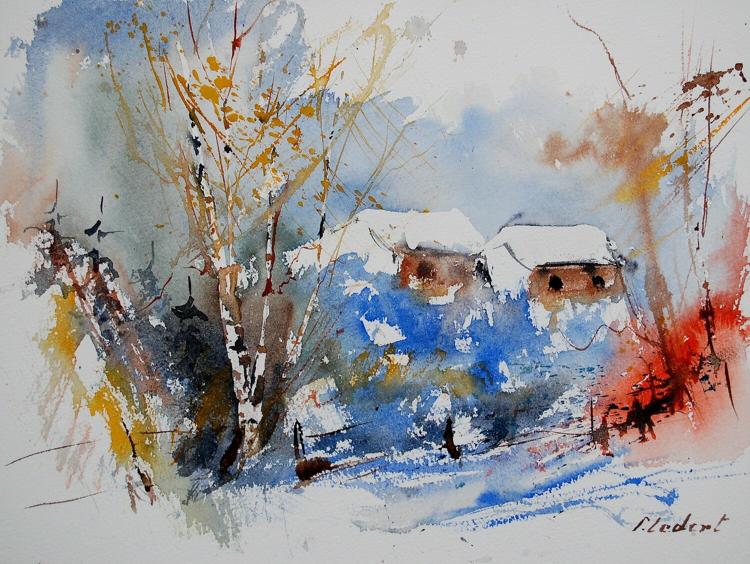 Two houses in winter - watercolor 011020 Pol Ledent Opera su carta in vendita