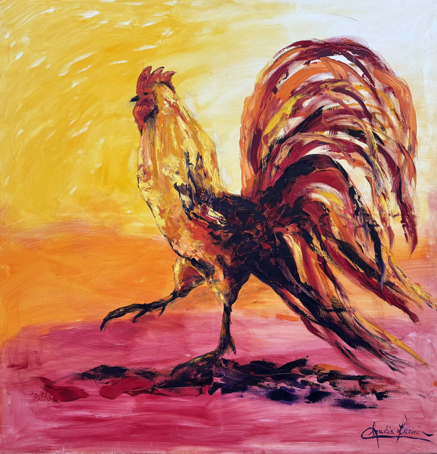 Gallo Fluo Claudia Lucini Pintura original en venta